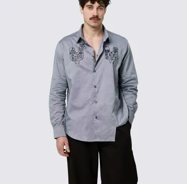 Men's shirt with «Birds» embroidery, gray