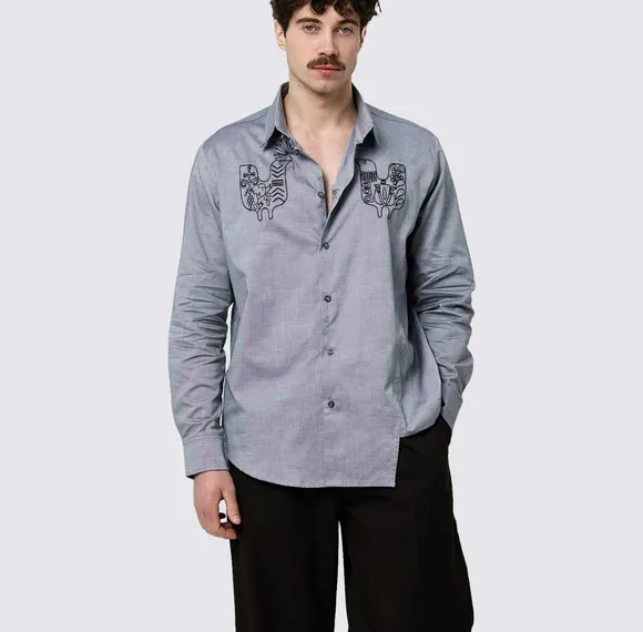 Men's shirt with «Birds» embroidery, gray