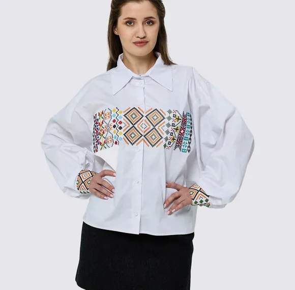 Women's shirt with «Code of Tradition» embroidery, white