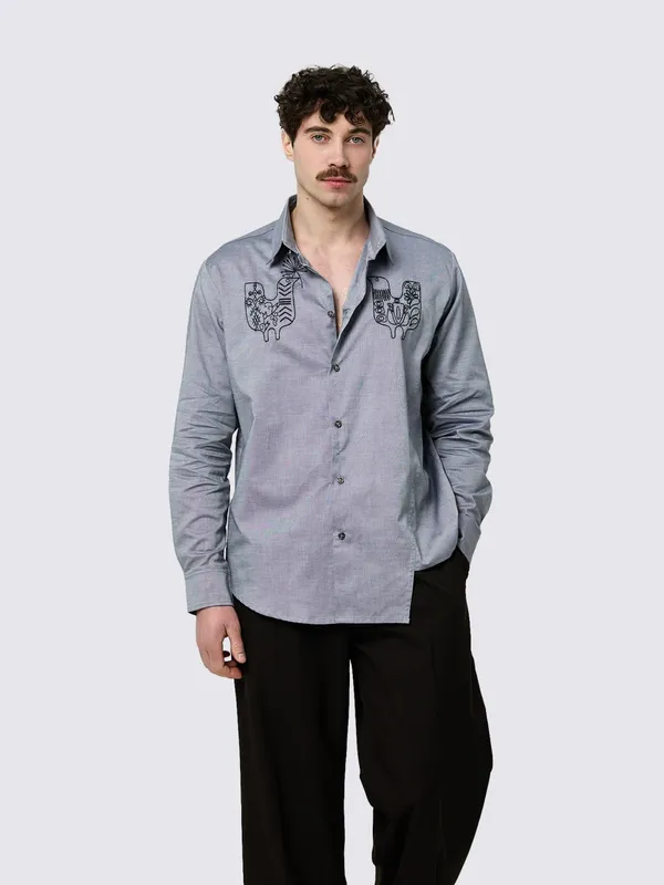 Men's shirt with «Birds» embroidery, gray - 1