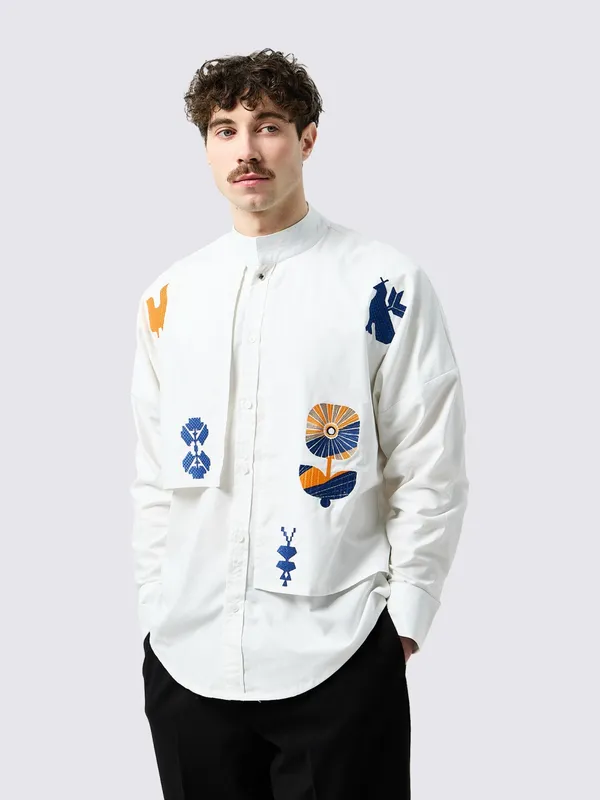 Shirt with «Symbols of Life» embroidery, unisex, milky - 4