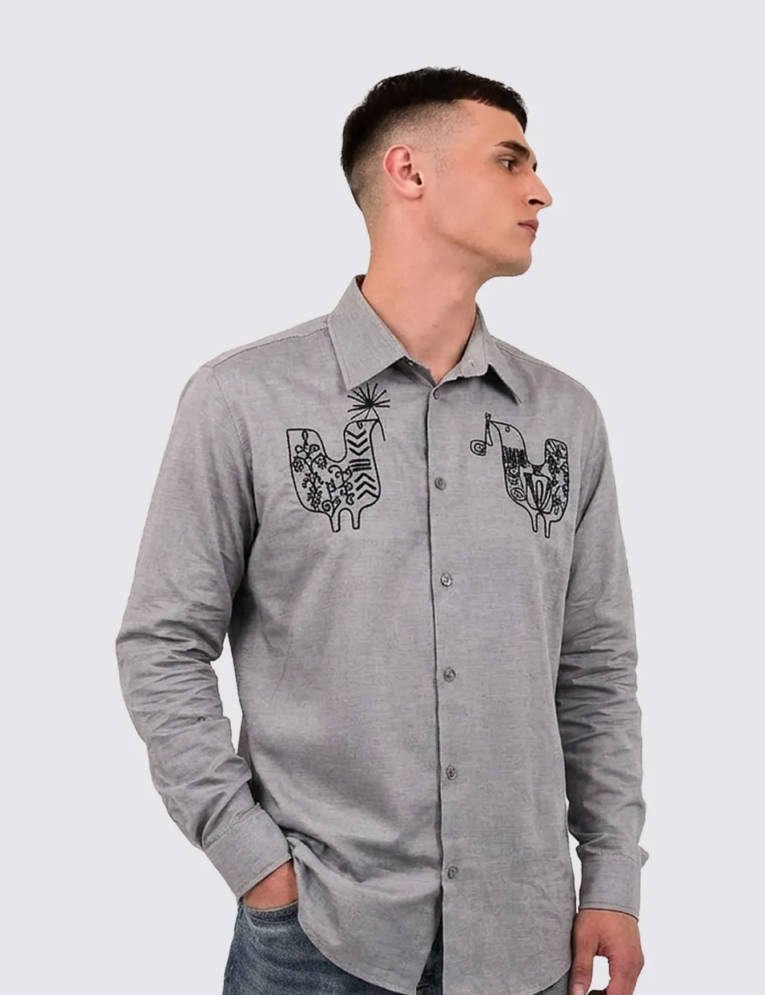 Men's shirt with «Birds» embroidery, gray - 2