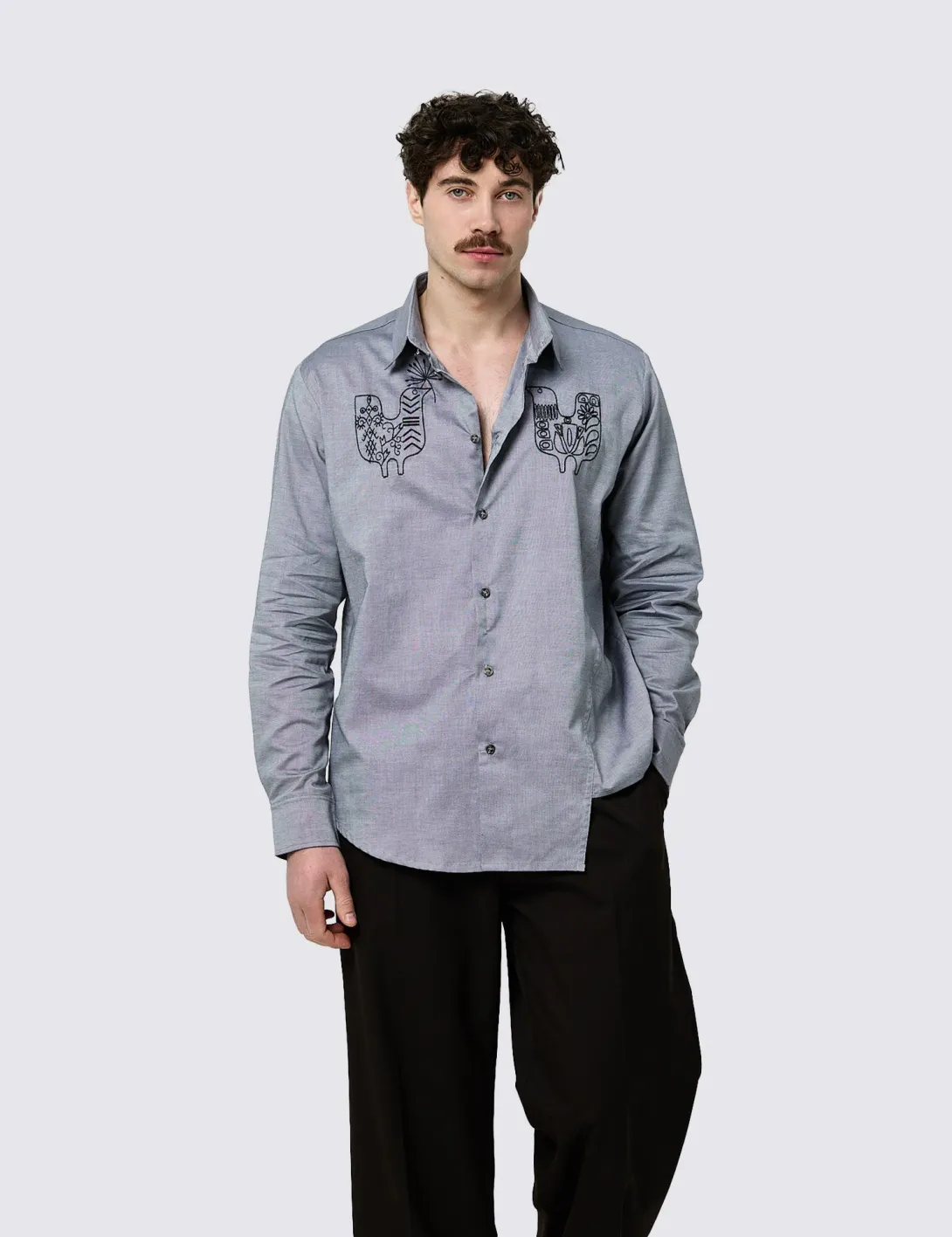 Men's shirt with «Birds» embroidery, gray