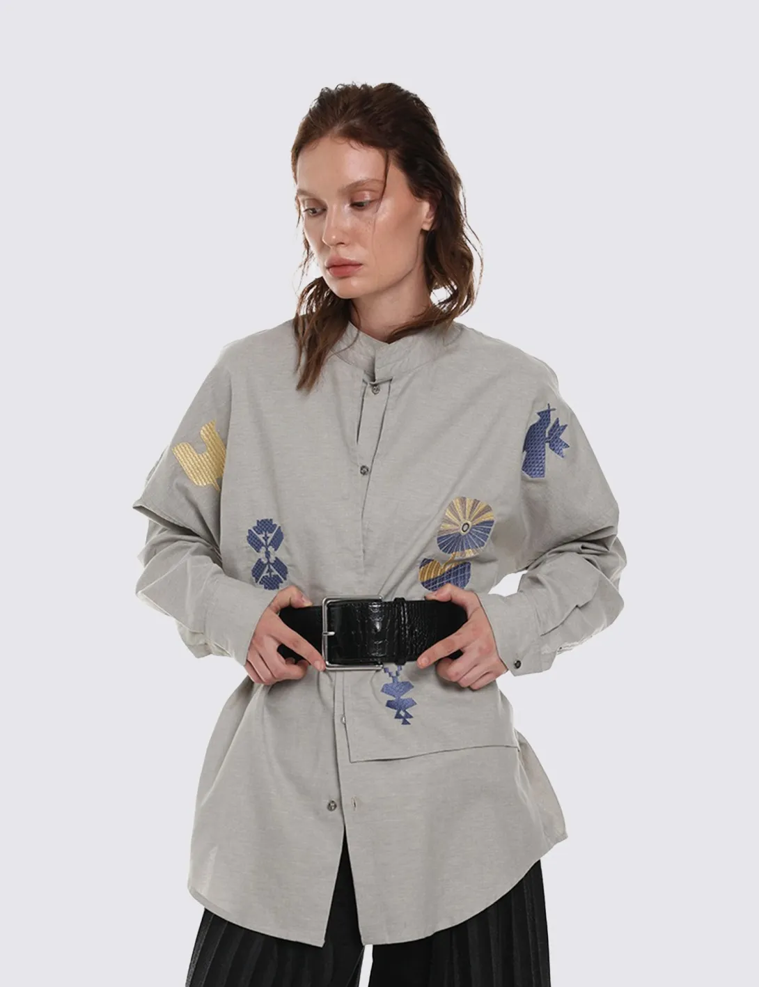 Shirt with «Symbols of Life» embroidery, unisex, khaki - 3