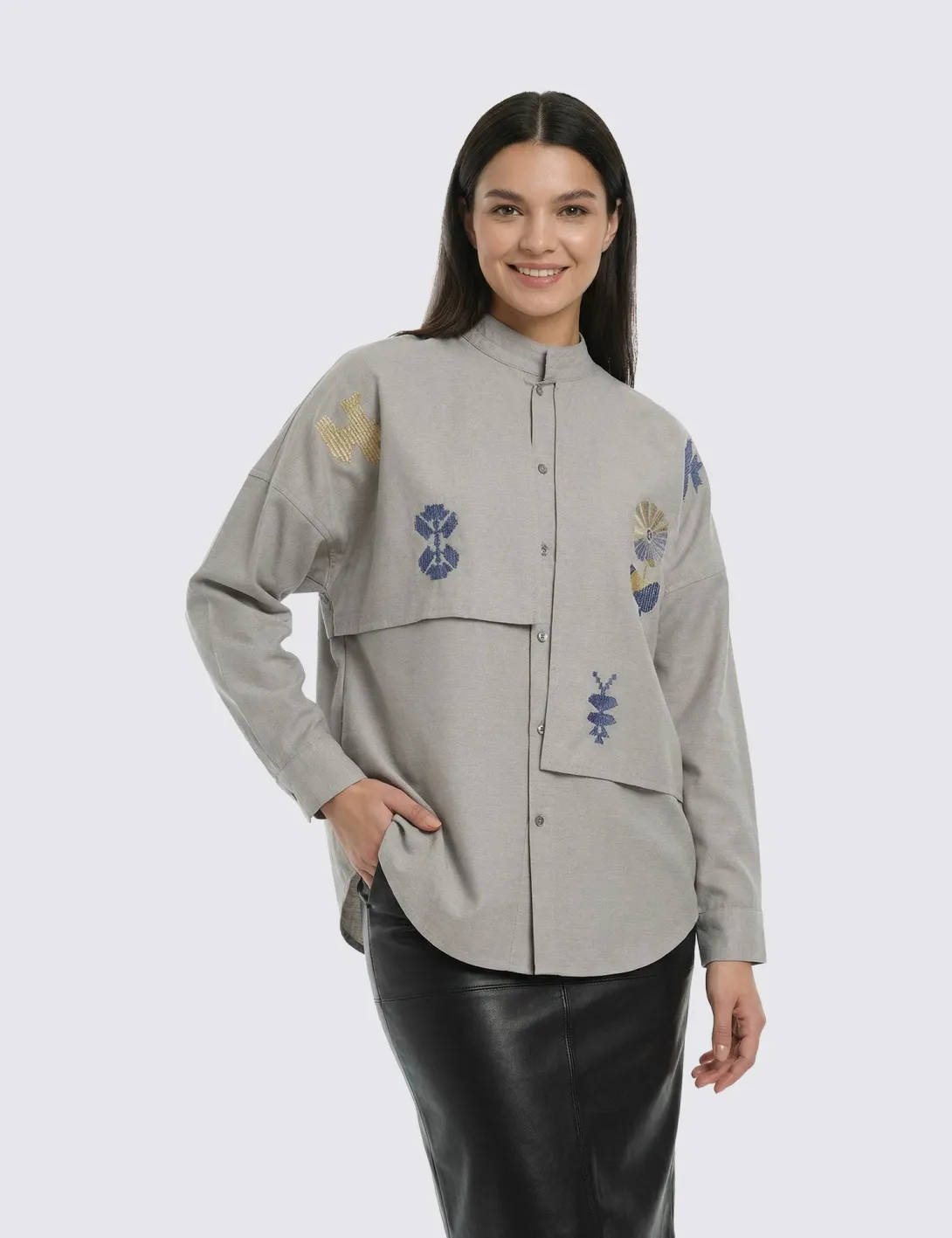 Shirt with «Symbols of Life» embroidery, unisex, khaki - 4