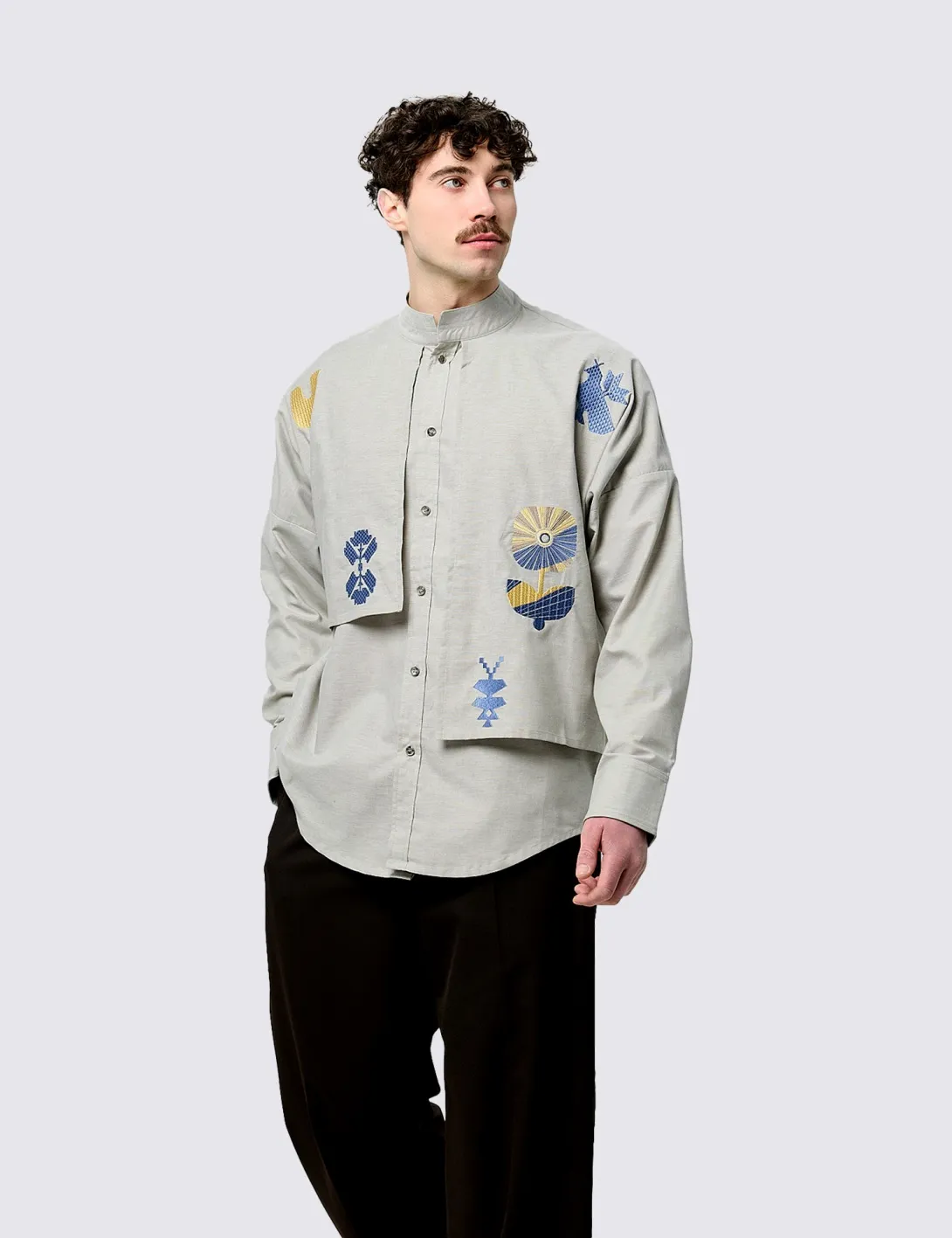 Shirt with «Symbols of Life» embroidery, unisex, khaki - 5