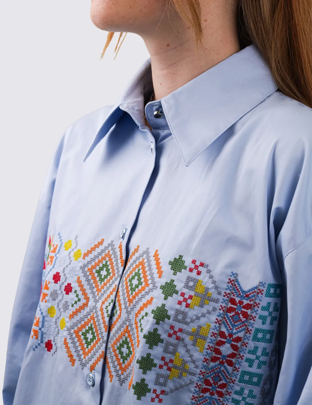 Women's shirt with «Code of Tradition» embroidery, light blue - 5