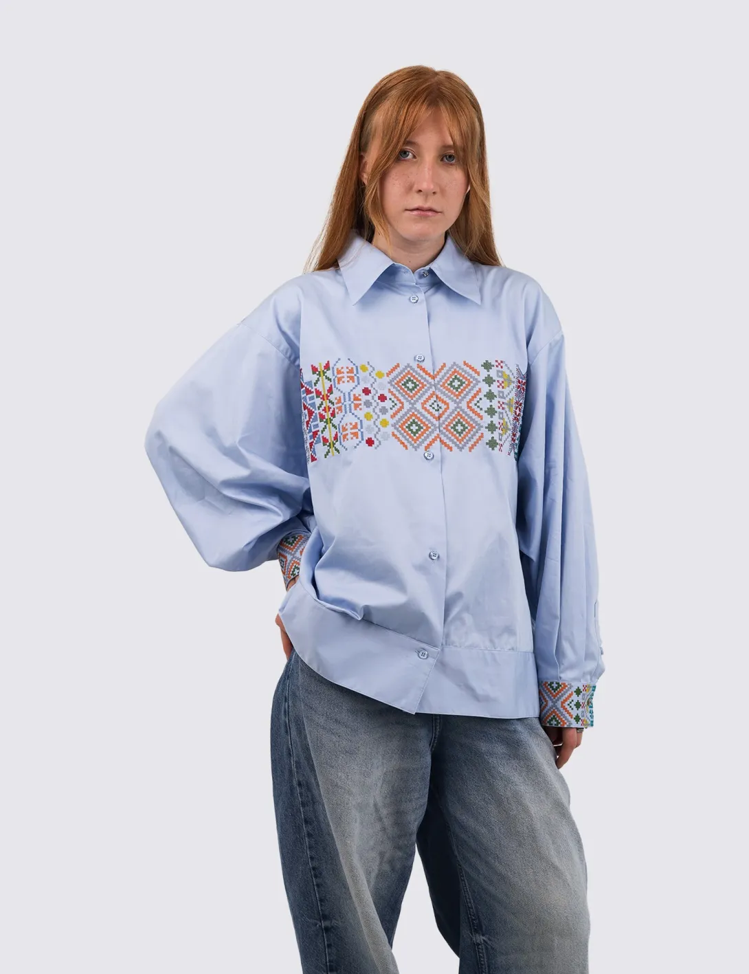 Women's shirt with «Code of Tradition» embroidery, light blue - 2