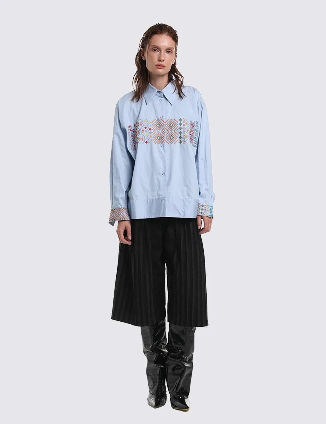 Women's shirt with «Code of Tradition» embroidery, light blue