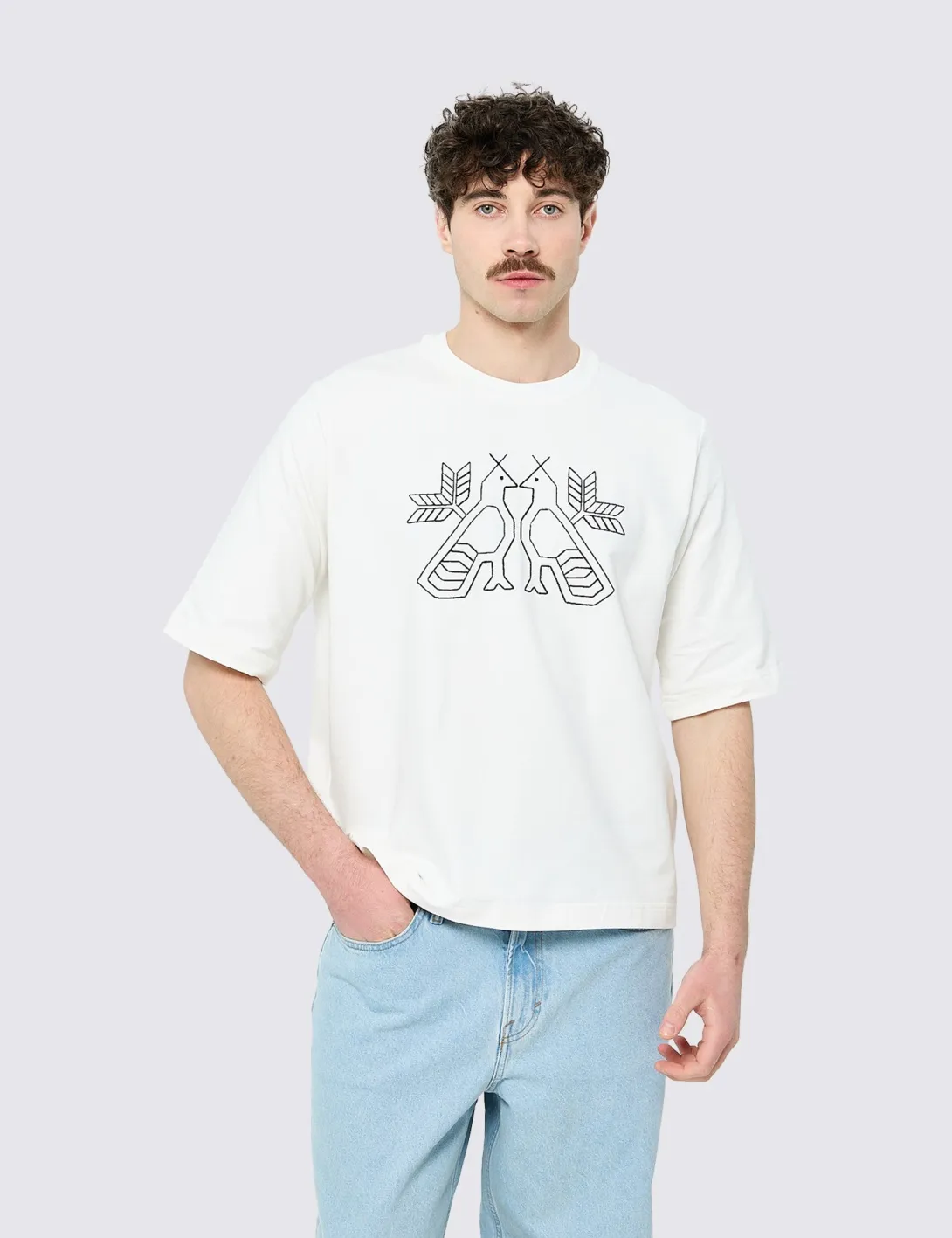 T-shirt with «Two Birds» embroidery, unisex, milky - 3