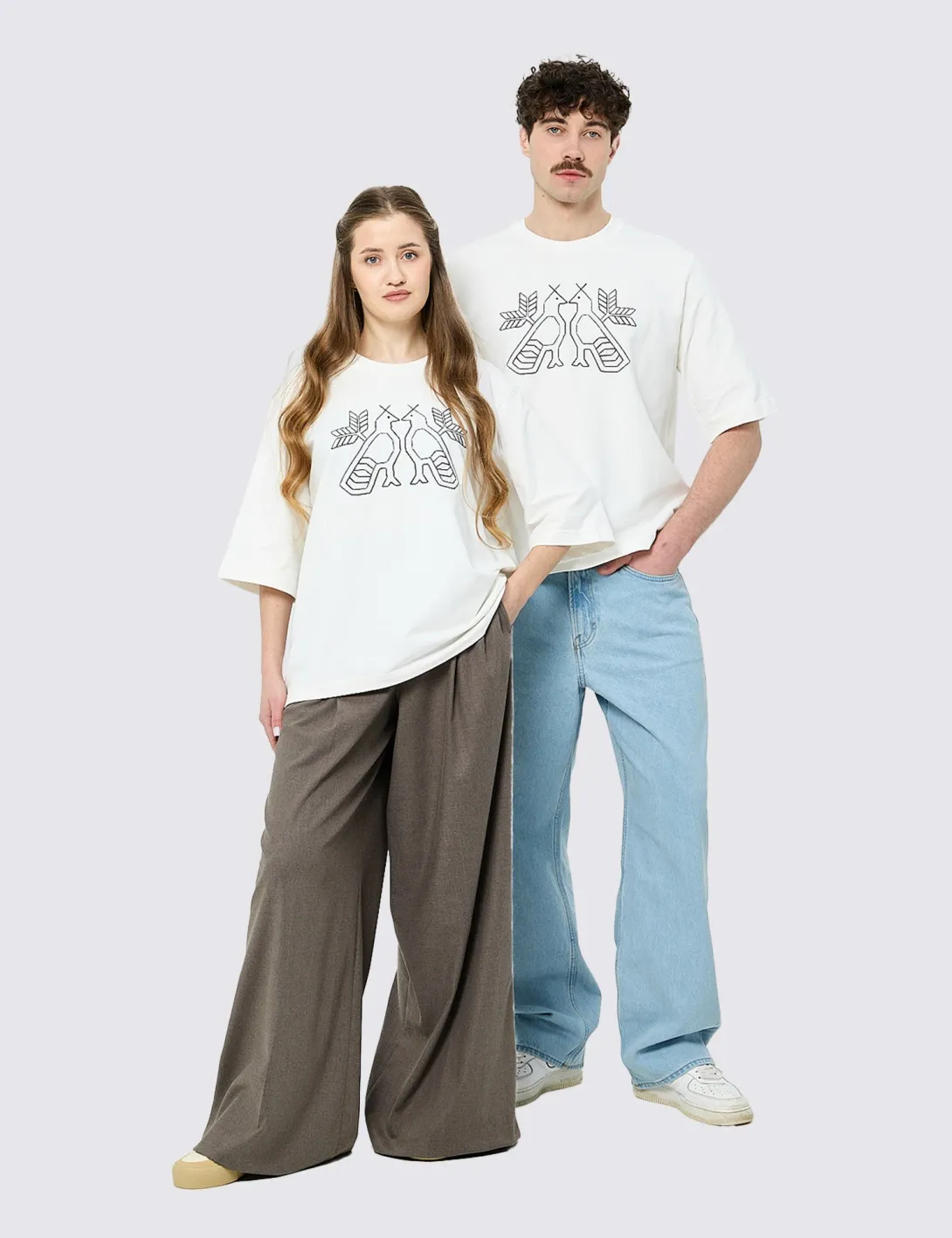 T-shirt with «Two Birds» embroidery, unisex, milky