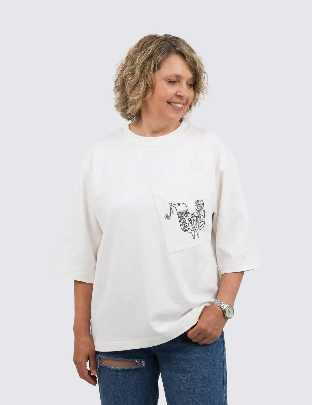 T-shirt with pocket and «Bird of Freedom» embroidery, unisex, milky - 2
