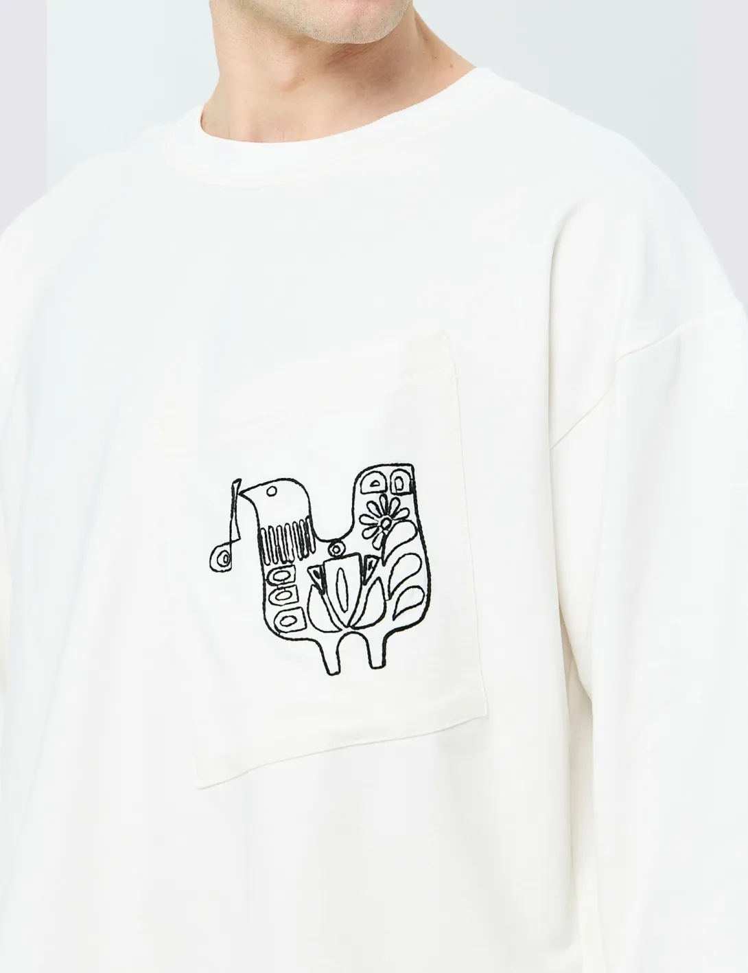 T-shirt with pocket and «Bird of Freedom» embroidery, unisex, milky - 4